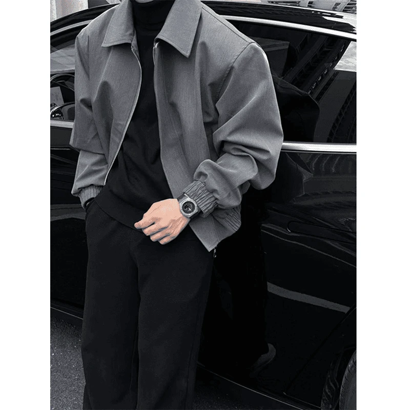 灰色短款外套男春秋季韩版翻领休闲小西服美式高街垫肩飞行员夹克