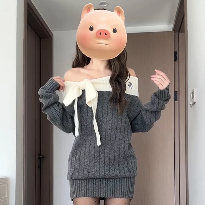 秋冬季新款小香风气质蝴蝶结一字肩设计感长袖针织毛衣短款连衣裙