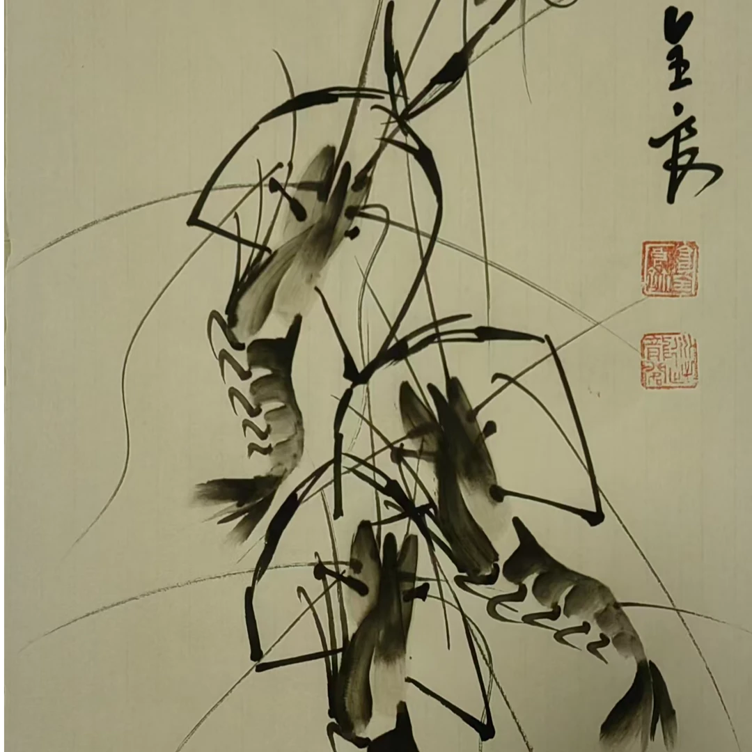 纯手绘国画《对虾》客厅卧室书房悬挂