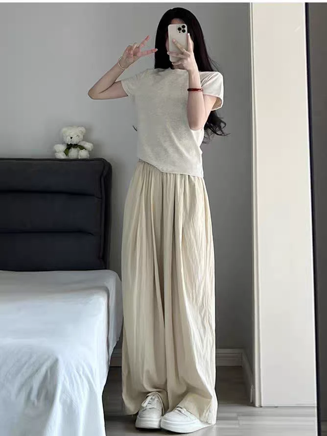 奶杏色山本裤女夏季薄款2025新款高腰垂感休闲裤高级肌理感直筒裤