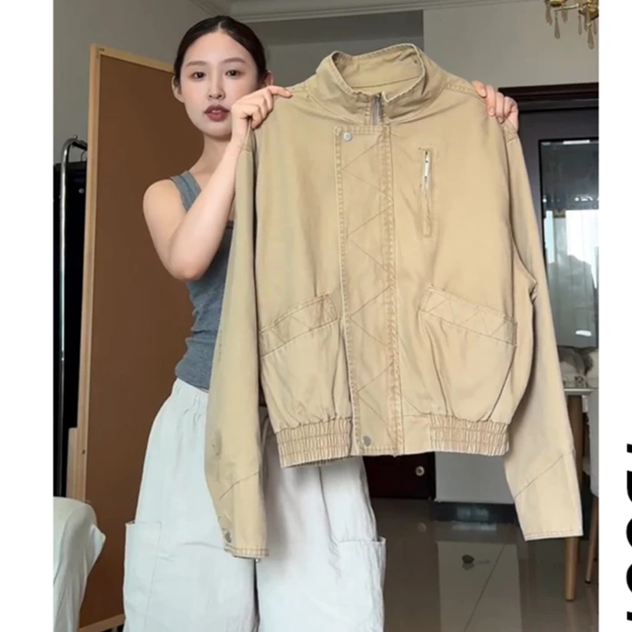 卡其色立体裁剪美式复古立领飞行员夹克boxy短款巴恩风工装外套男