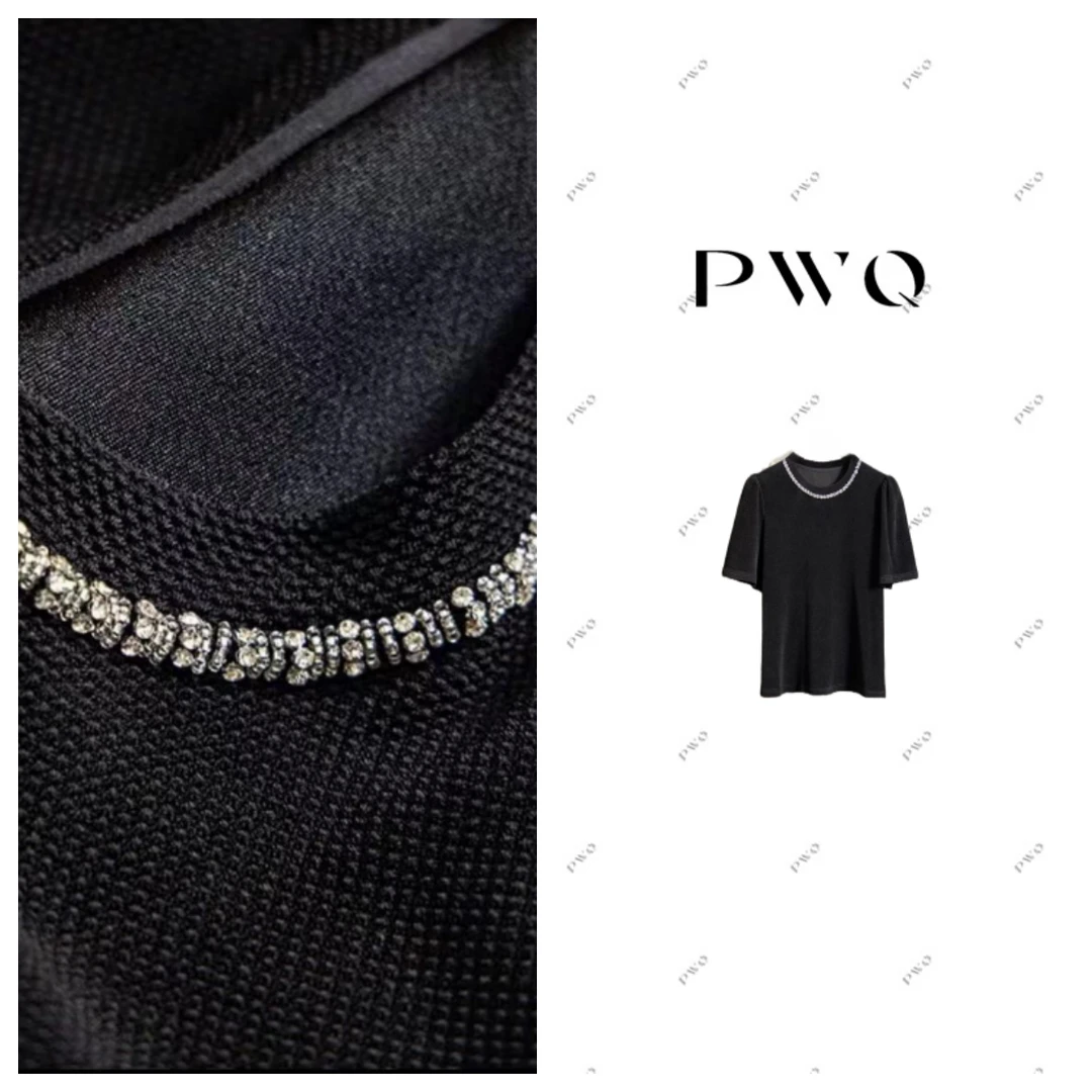 【璀璨之韵】上衣圆领短袖进口日醋领口定钻气质显瘦5061