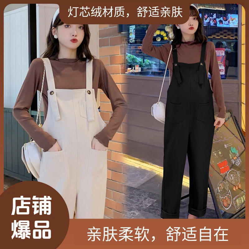 孕妇背带裤小个子春秋款灯芯绒连体裤减龄外穿秋冬孕妈休闲吊带裤