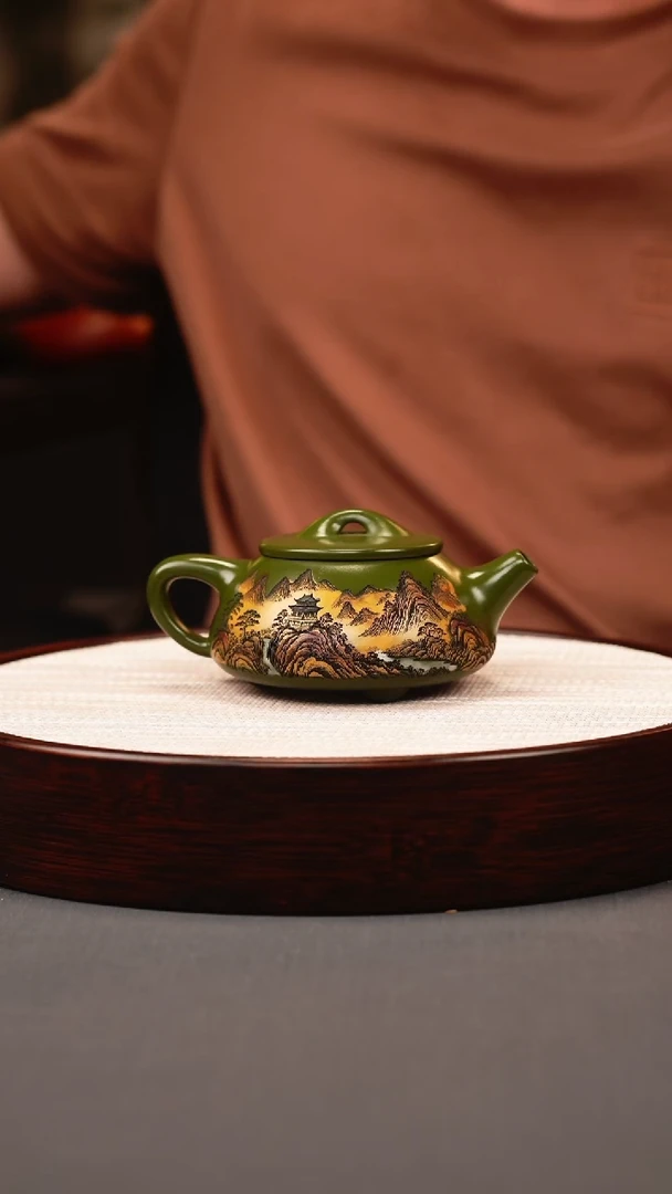 茶壶紫砂绿泥 景州石瓢 彩刻山水