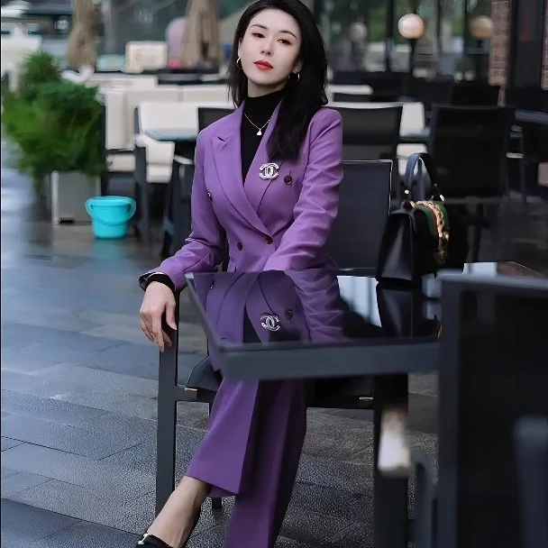 职业休闲紫色修身面试西装套装2025西服韩版西装套装洋气衣服女