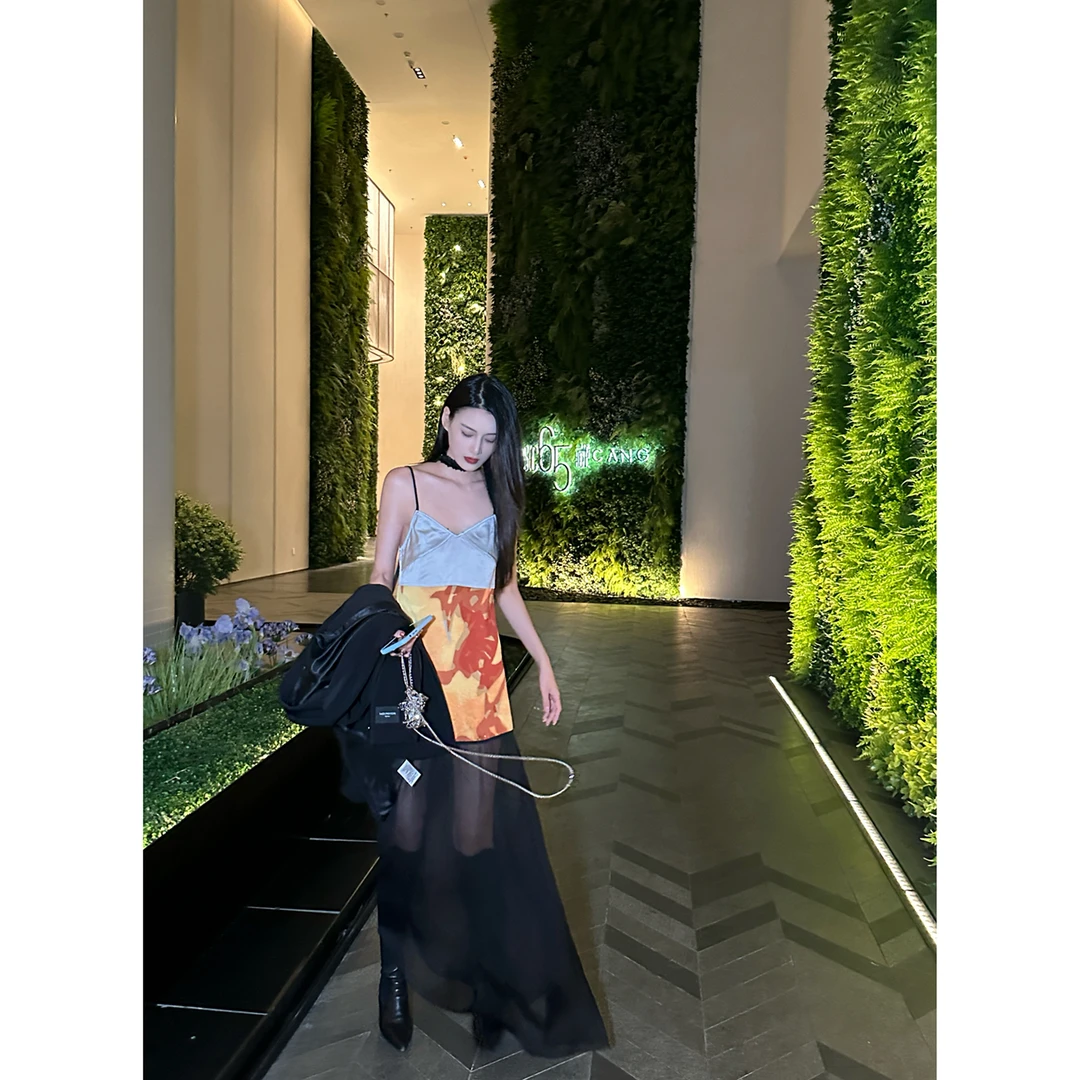 1423【暗香浮动】印花拼接吊带连衣裙