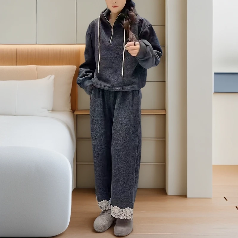 韩版半拉链连帽加绒卫衣套装女2025冬季新款拼接蕾丝阔腿裤两件套