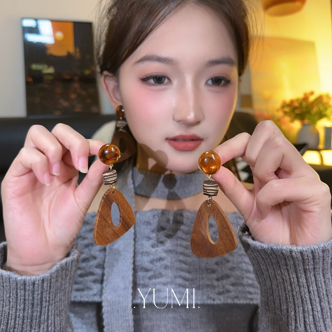 铜合金木质耳饰 木质流苏耳环～轻奢贵气耳饰小众百搭流苏耳环