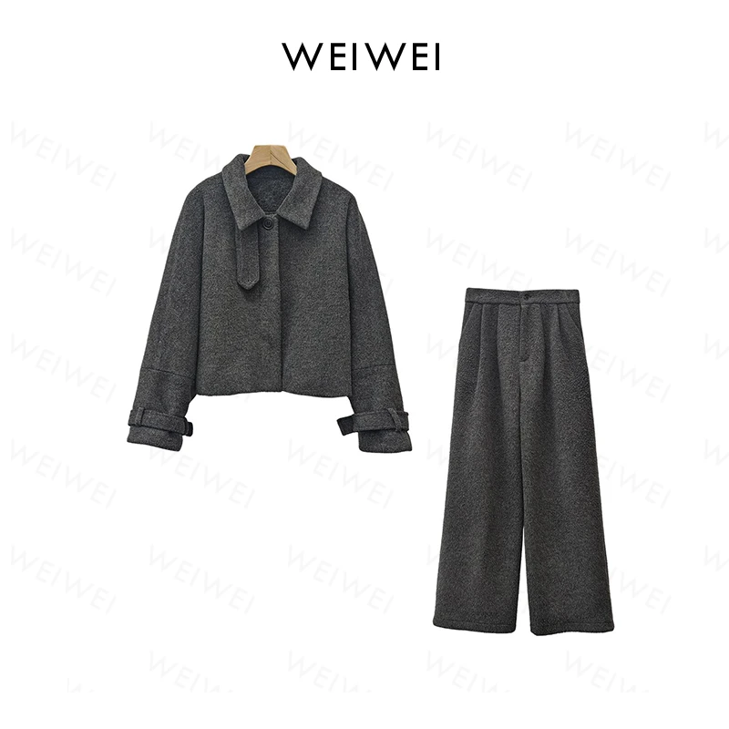 “自由派”英伦复古羽绒内胆外套女阔腿裤套装