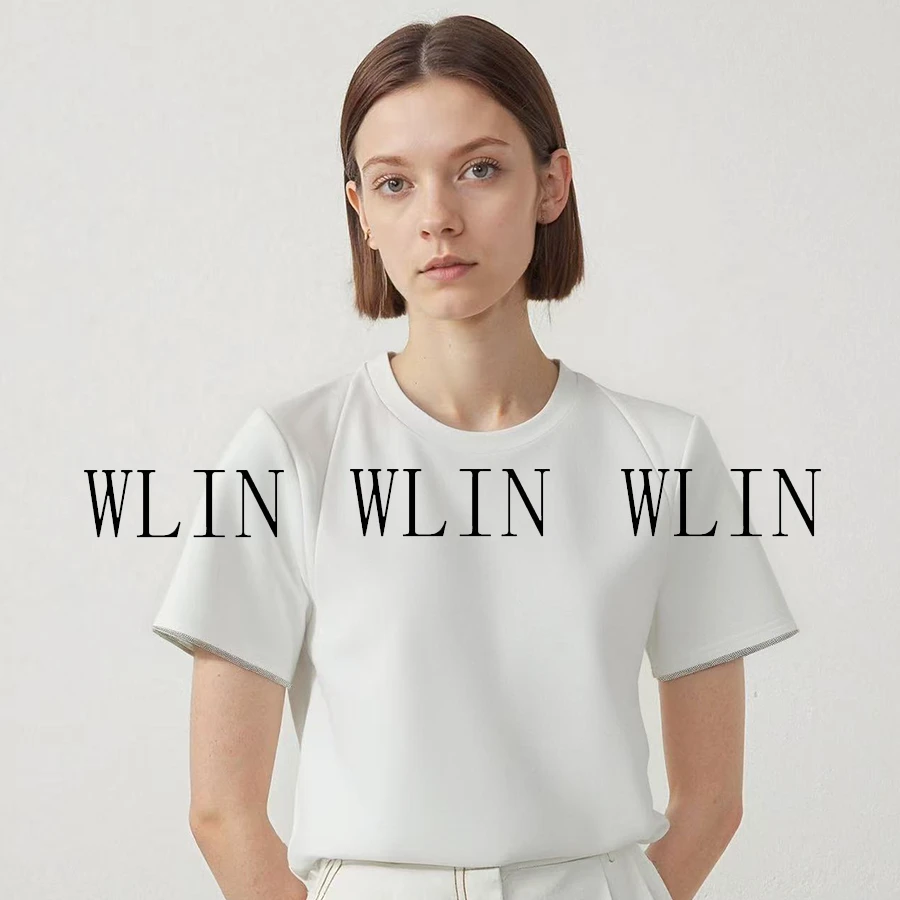 WLIN·袖口编珠莫代尔立体剪裁T恤*LM431