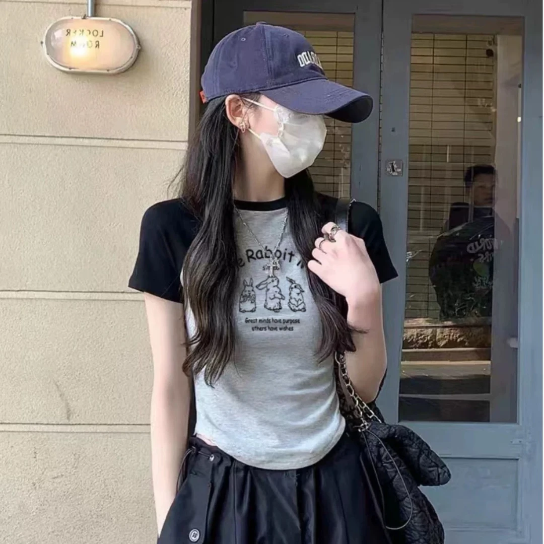 美式插肩短袖夏季T恤时尚修身辣妹上衣显瘦短款设计感百搭打底