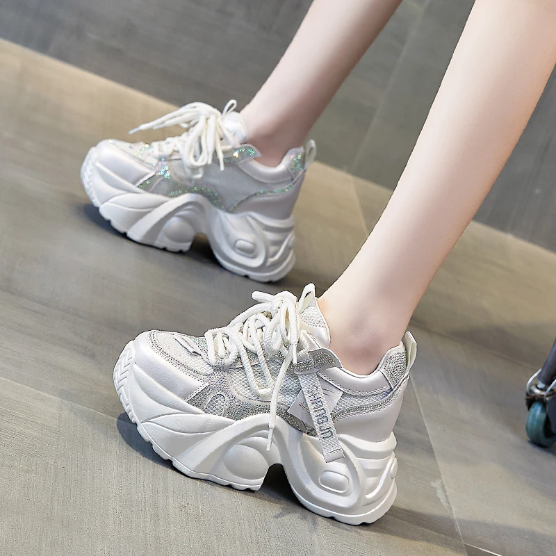 艾格鸟增高9cm老爹鞋女水钻2025春新款内增高运动鞋百搭休闲女鞋