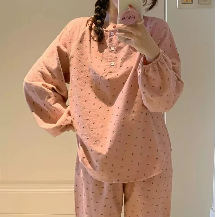 睡衣女秋冬满印草莓纽扣开衫长袖长裤家居服套装-B194