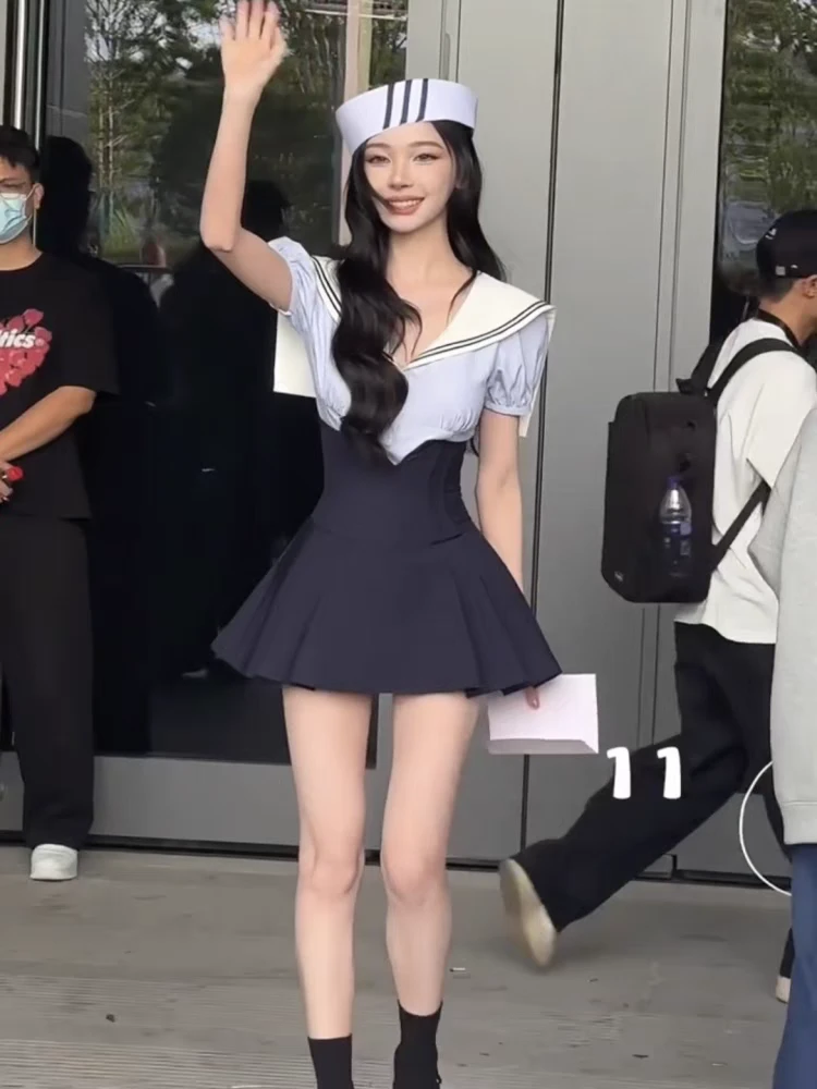 易梦玲同款水手服日系可爱条纹jk制服女学院百褶气质收腰显瘦短裙