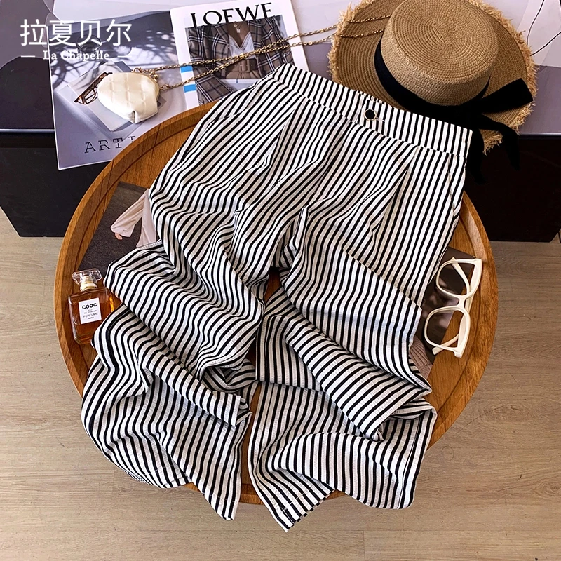 拉夏贝尔条纹阔腿裤女夏薄款2025新款显瘦小个子窄版直筒裤凉凉裤