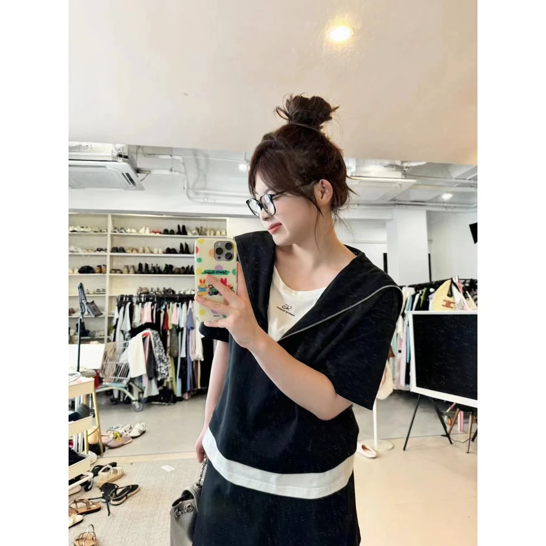 晶咕【城市旅人-上衣】韩版宽松假两件海军领拉链拼色短袖上