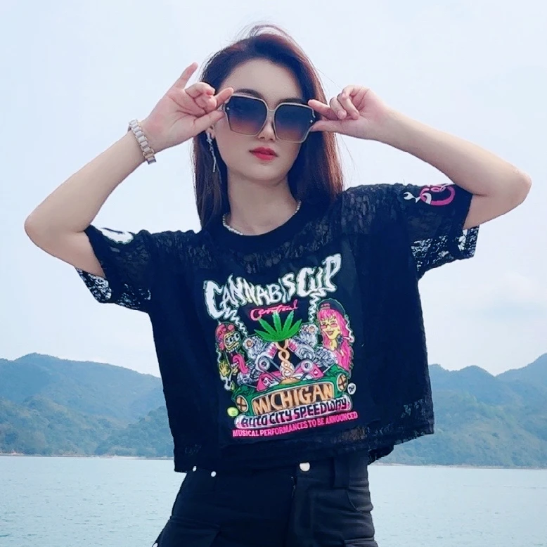 KM30025圆领字母印花蕾丝T恤百搭网红