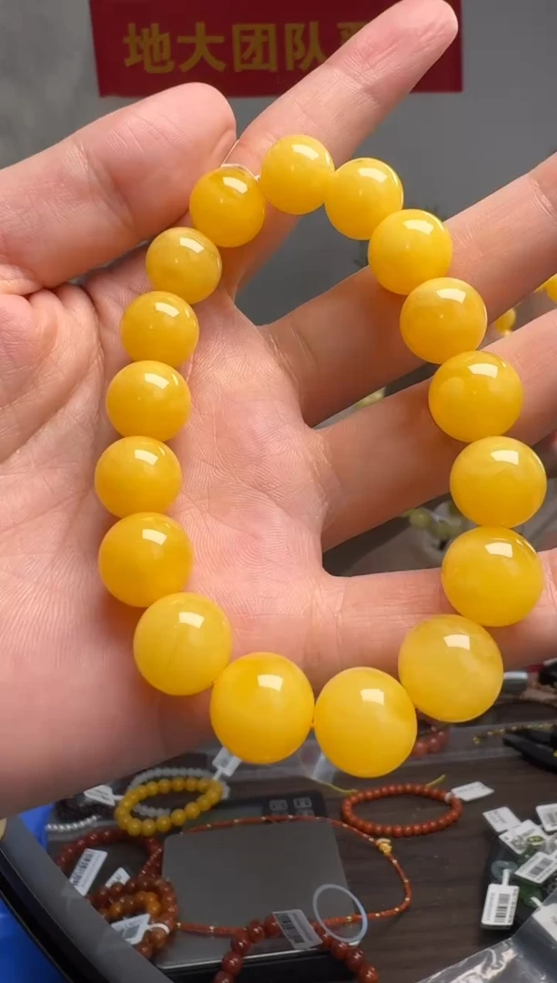 手链琥珀未镶嵌约12mm俄料鸡油黄白花蜜蜡圆珠单圈手串