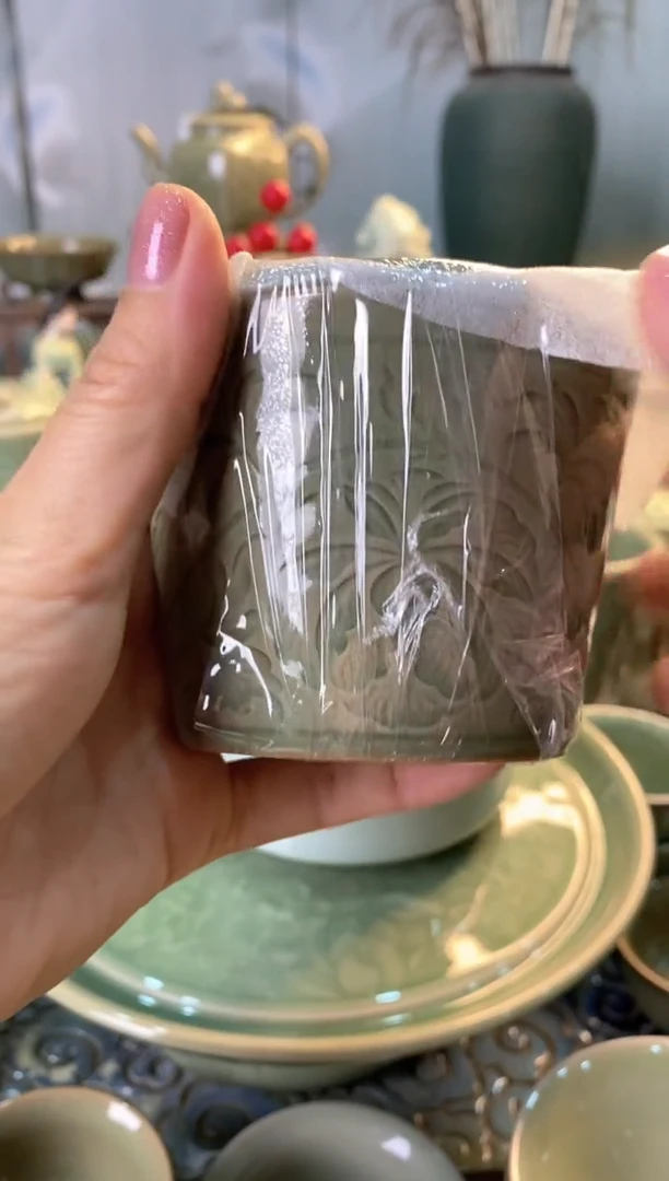 耀州窑喜*【微瑕】全手工刻花大师孟红娟带盖咖啡杯