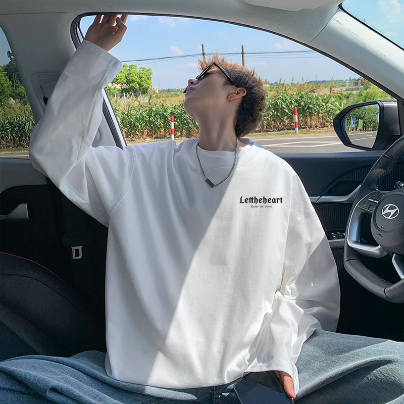 秋季新款纯棉印花长袖T恤男百搭重磅潮牌上衣宽松休闲潮流圆领ins