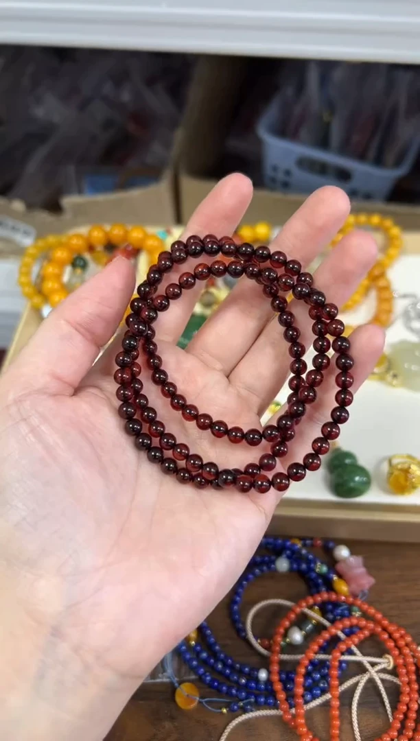 手链血珀未镶嵌琥珀血珀素圈圆珠多圈手链[6083]