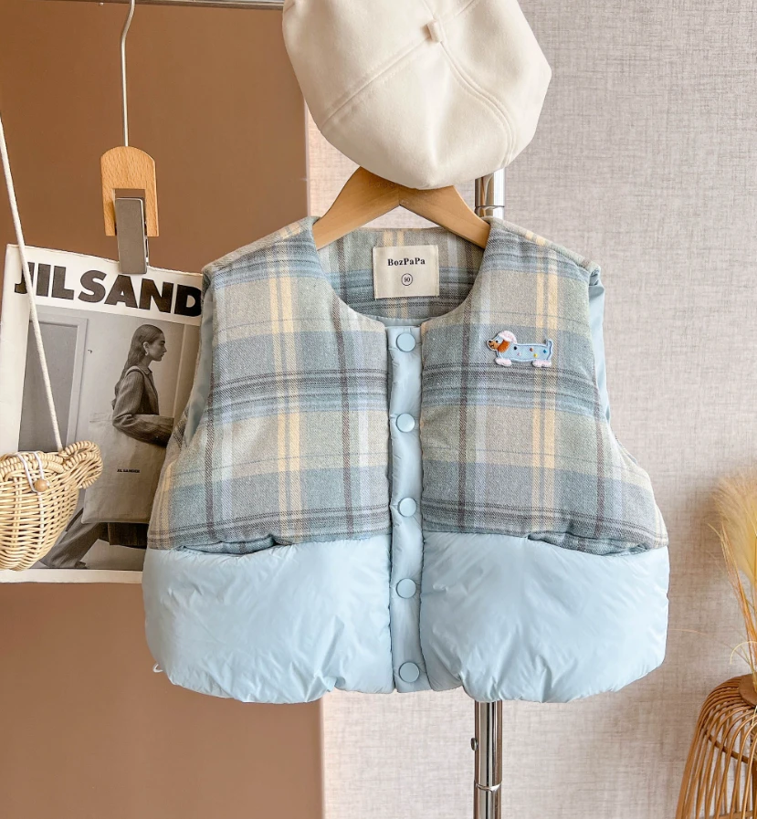 啵小爸1【野趣蓝格】2025秋冬季男童韩系拼接格纹夹棉马甲