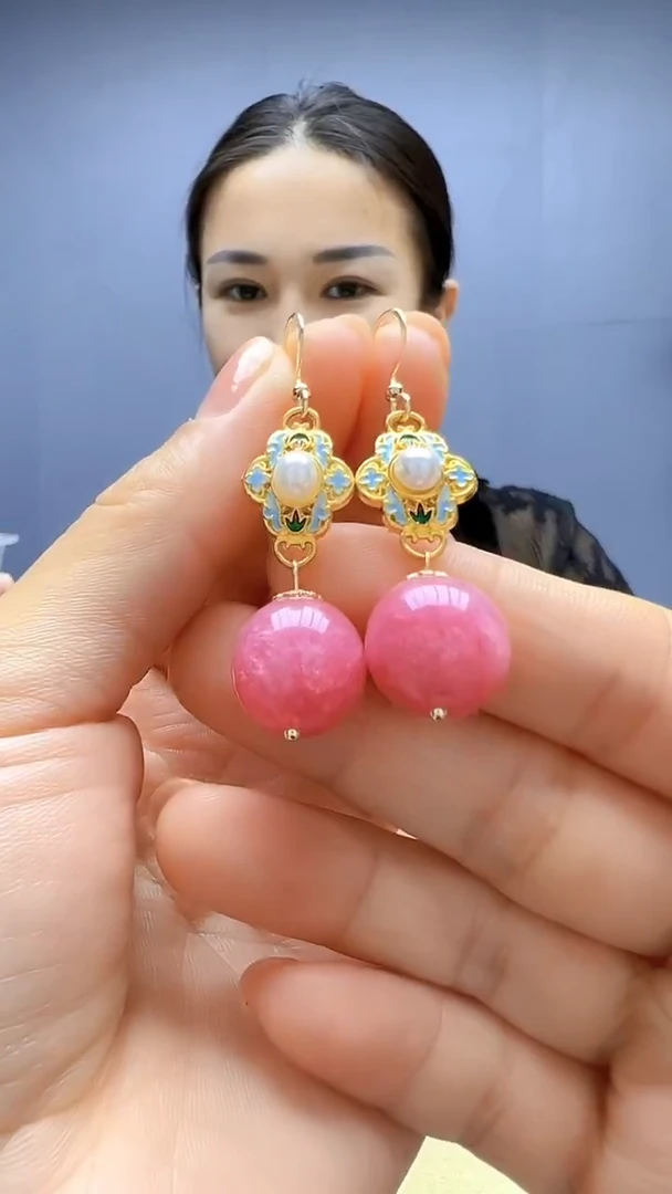 14K金镶嵌菱锰矿（红纹石）耳饰随昔diy颈饰