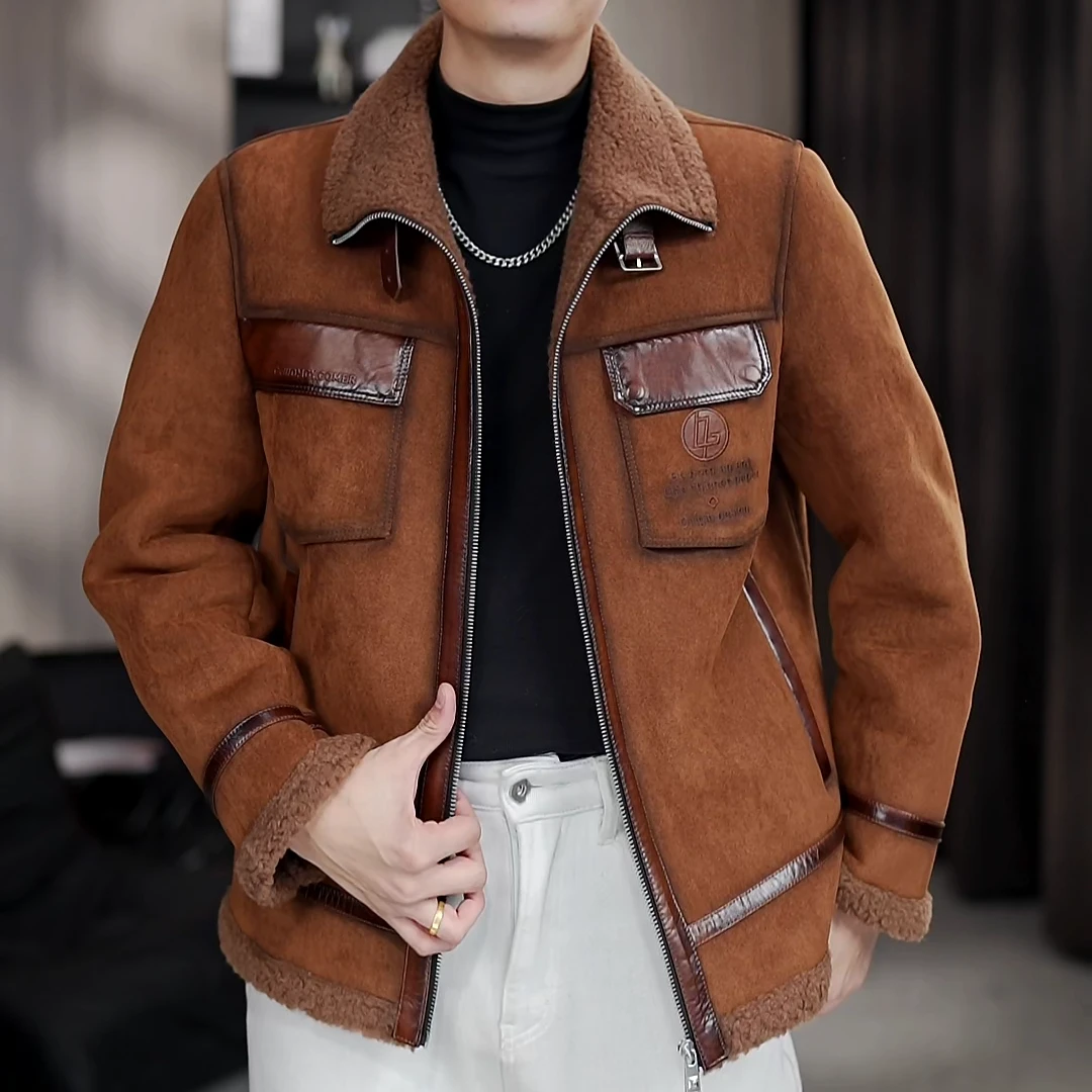 羊毛一体100%纯羊毛立翻领修身型男士夹克潮流复古款冬季加厚保暖