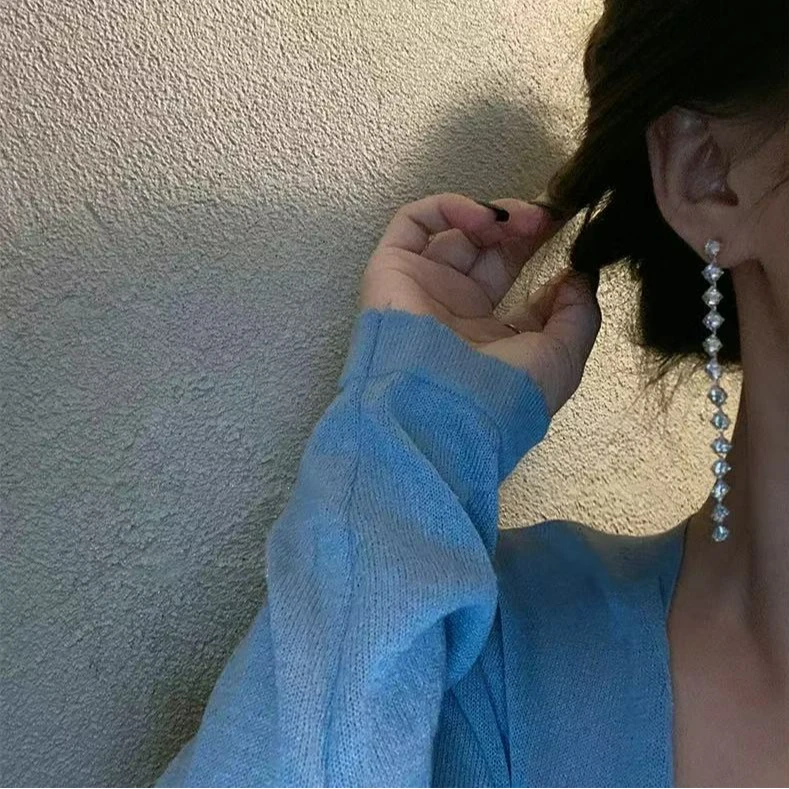 铜合金锆石耳饰 韩式精致锆石长款流苏耳环气质设计感重工超闪