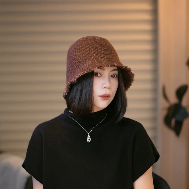 出口日韩品质流苏毛边复古渔夫帽女春秋款显脸小水桶帽子针织盆帽