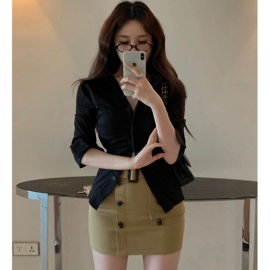 许我耀眼赵露思同款御姐卡其色包臀裙半身长袖衬衫性感气质衣服女