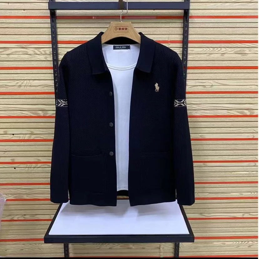 新款高品质男士翻领休闲针织夹克外套