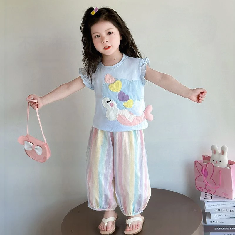 2025年款衣服儿童女童夏装套装儿童飞袖条纹防蚊裤两件套宝宝夏季