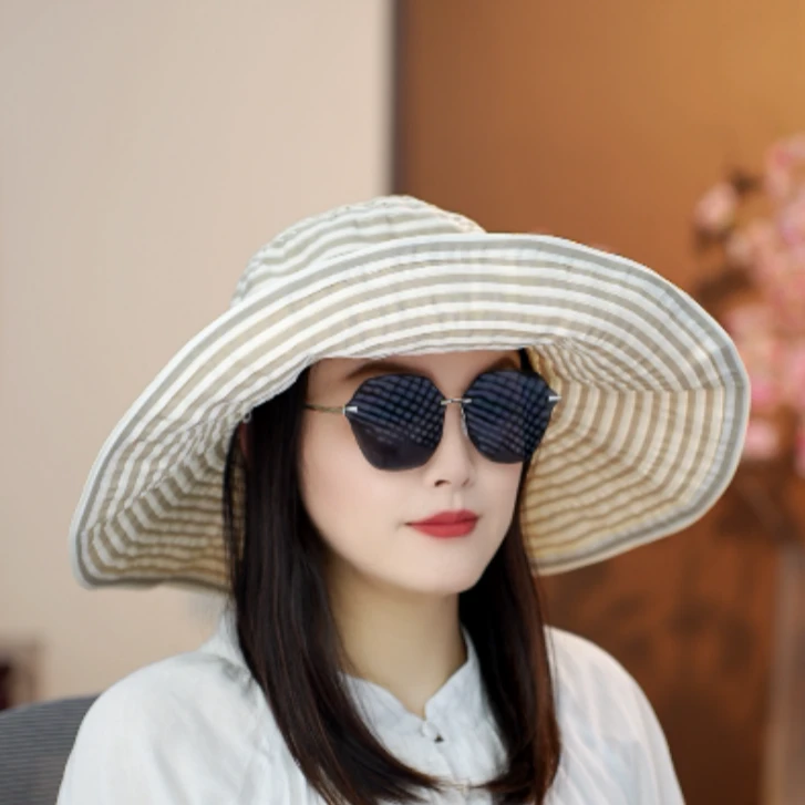 法式复古条纹防晒遮阳帽女夏大沿海边出游防紫外线折叠太阳帽盆帽