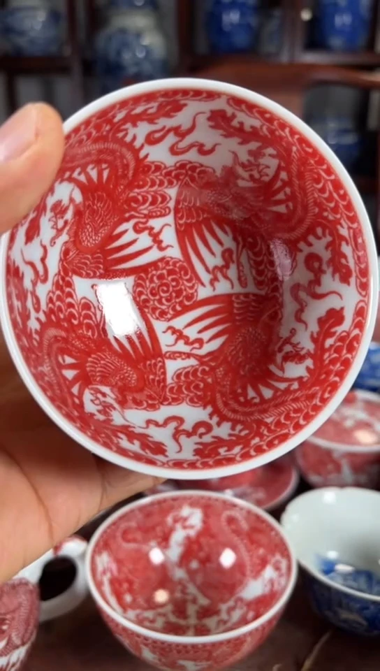 柴窑釉里红九凤纹杯杯