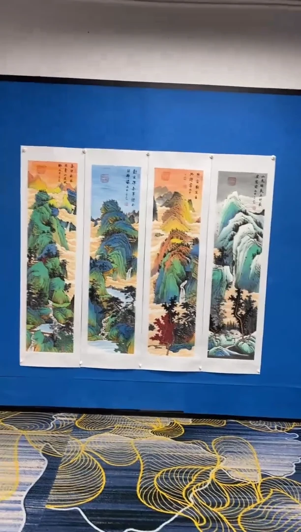 【闪购商品】国画张巨富  金线描边四条屏
