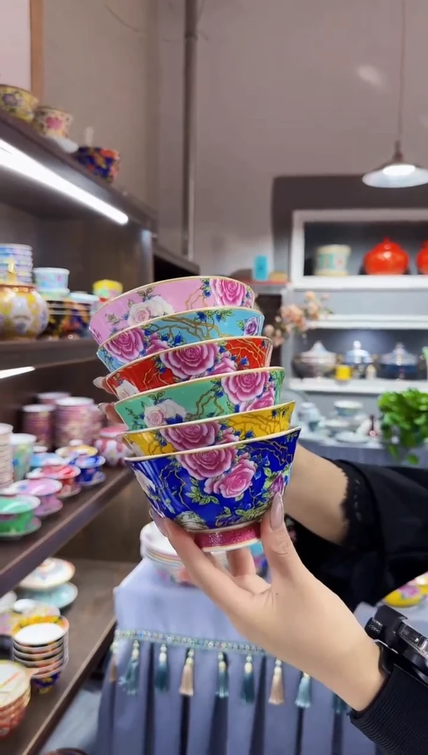 珐琅 4.7英寸花口碗6个景德镇陶瓷混色