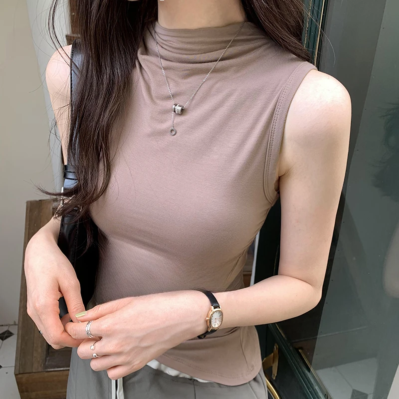 莫代尔纯欲风辣妹半高领无袖T恤女夏季弹力背心性感打底衫上衣女