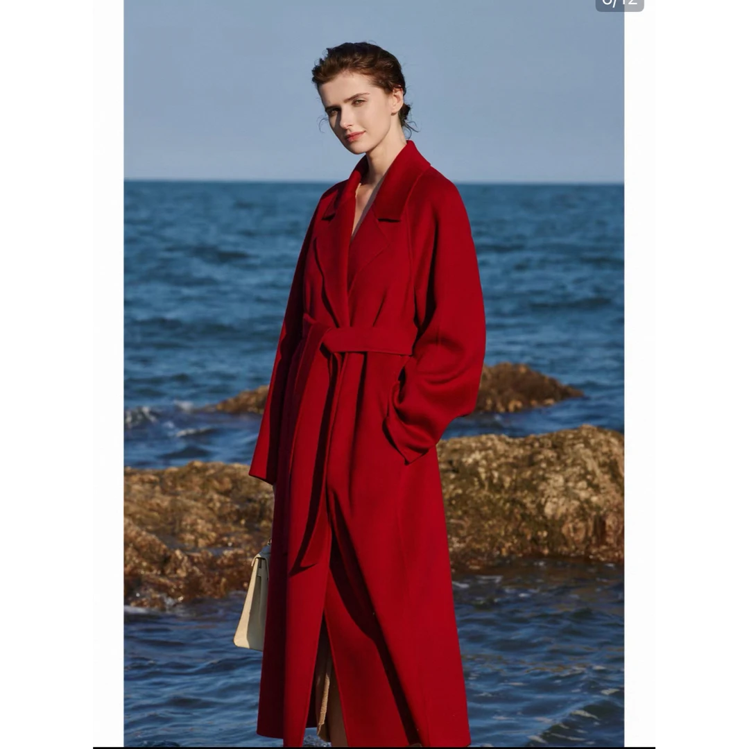 红色水波纹羊毛大衣女中长款高端浴袍新年红秋冬毛呢外套S711113