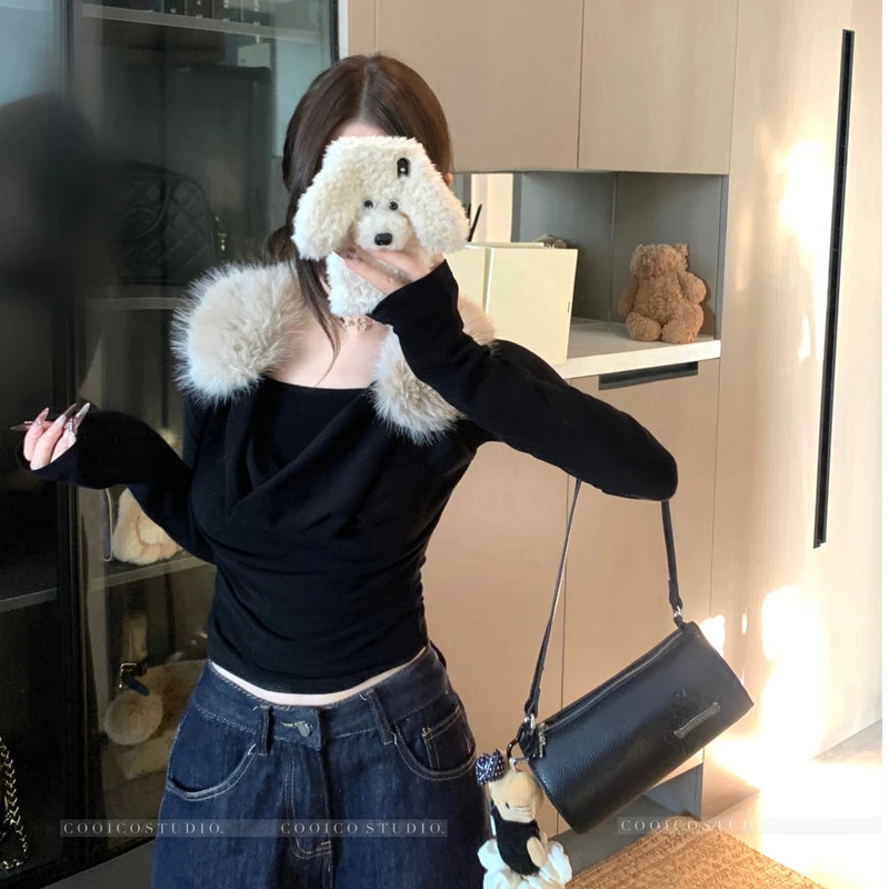 松弛感毛毛拼接假两件长袖T恤女装冬季气质别致显瘦上衣