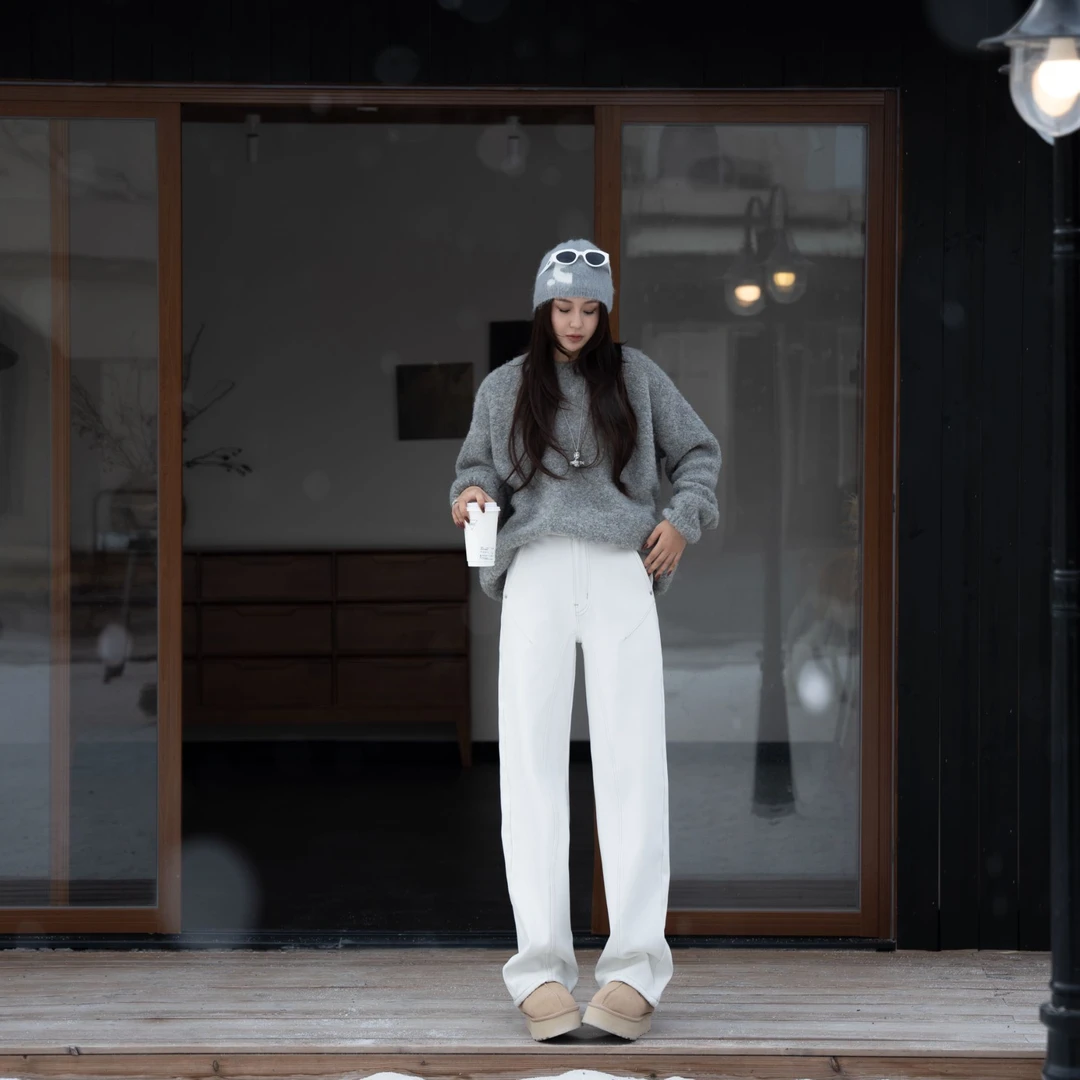 UMI "蓝精灵"冬款加绒高腰四面弹设计感直筒阔腿牛仔裤 COSTOMZED