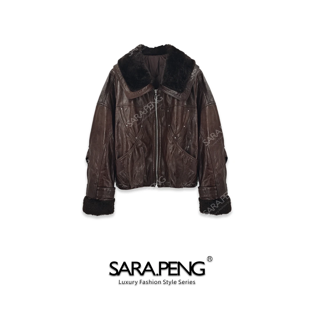 SARA.PENG暖域｜高奢油蜡皮90鹅绒服皮毛一体拉贡皮衣｜1D168713