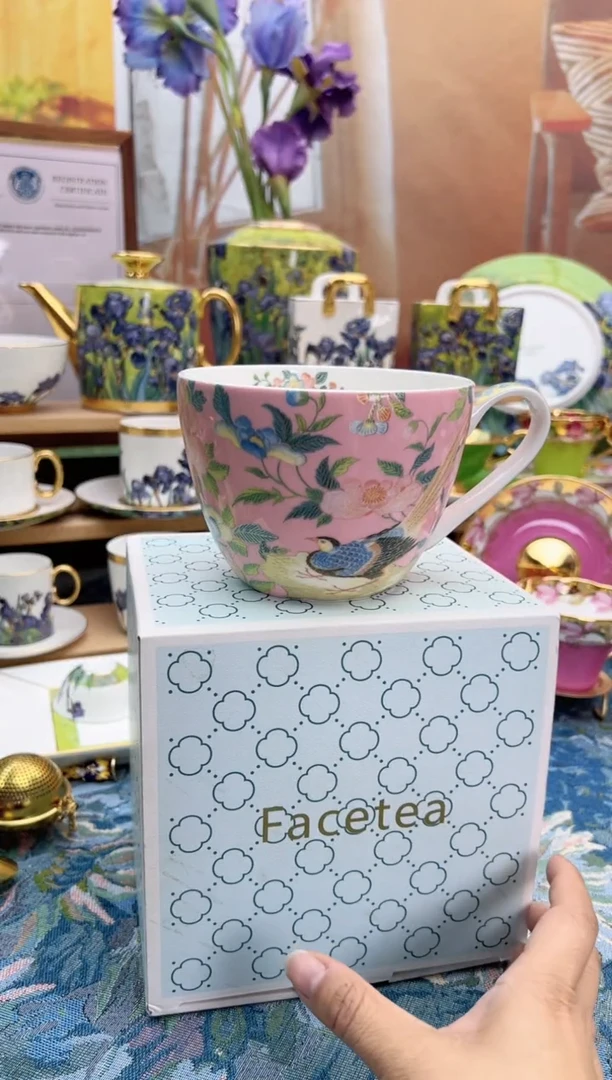 瓷片百鸟和鸣粉色早餐杯