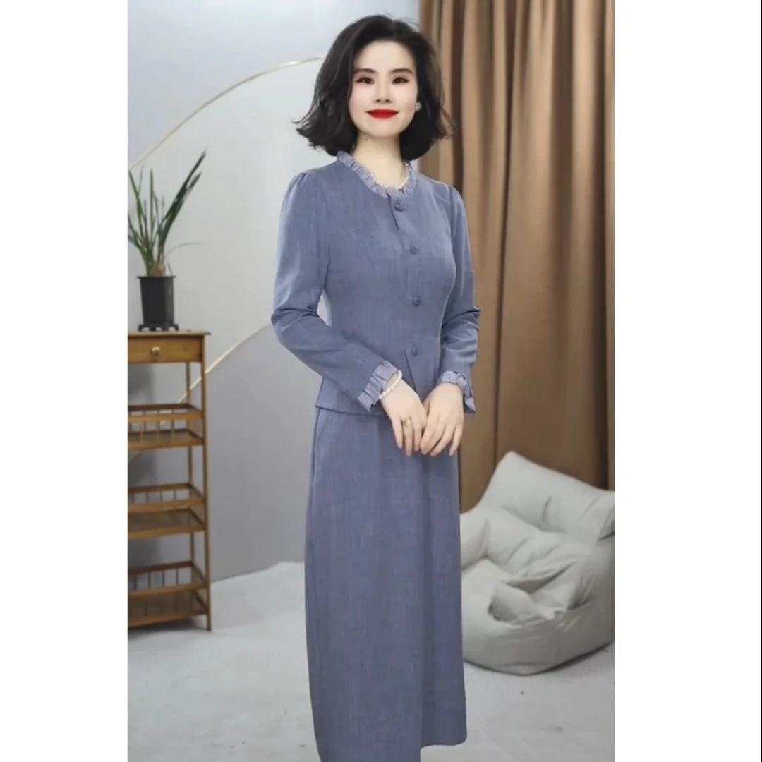 【连衣裙】2025年春季气质花边圆领单排扣假两件中长款连衣裙