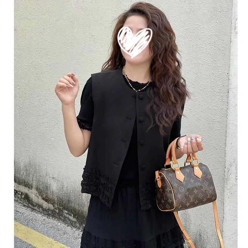 小个子黑色圆领坎肩无袖马甲2025夏季叠穿短款马夹女外套9432