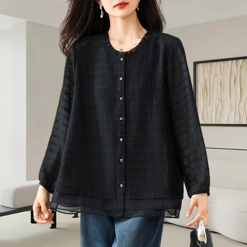 黑色圆领条纹雪纺衬衫女秋季新款时尚减龄宽松显瘦高级感花边上衣