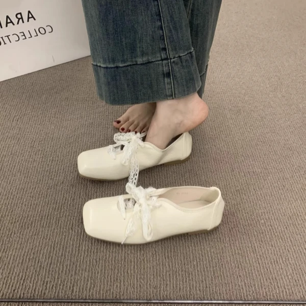 韩版百搭玛丽珍系带白色小皮鞋女鞋子一脚蹬方头芭蕾风平底单鞋女
