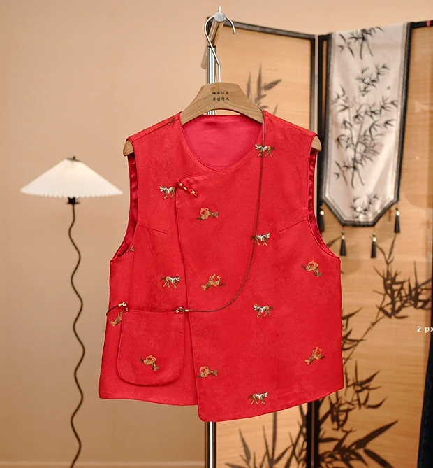 【马上有钱】新年国风马甲红色新中式盘扣坎肩背心提花马夹女