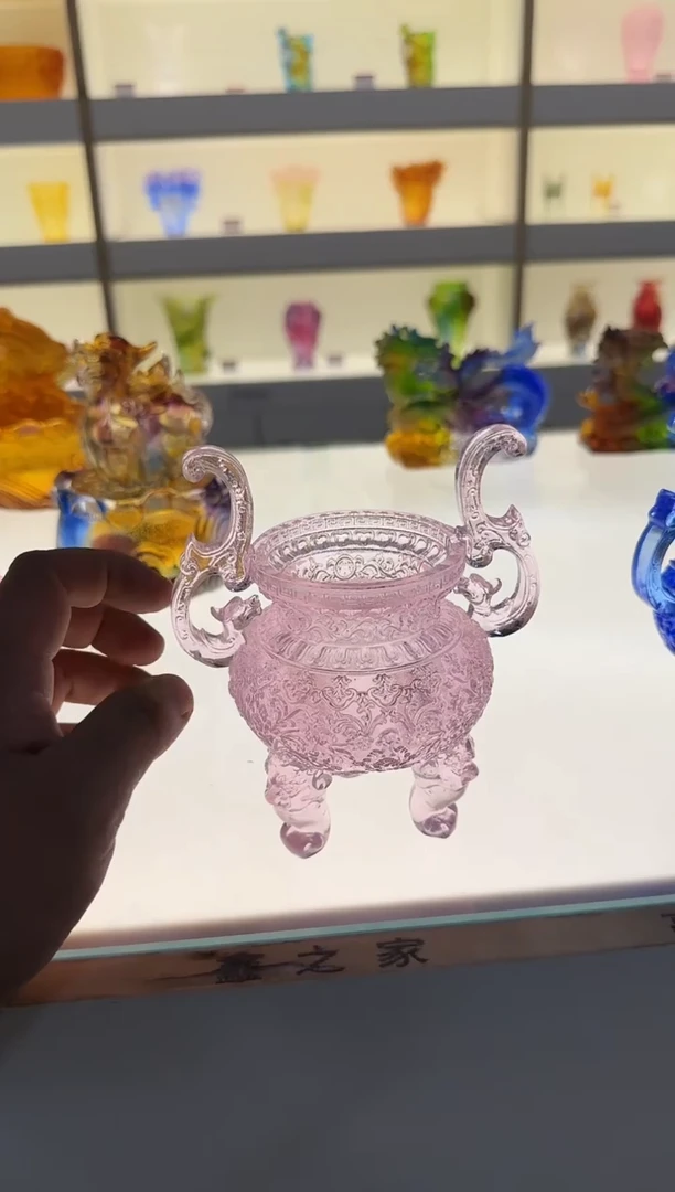 手工艺品琉璃官帽香炉粉色