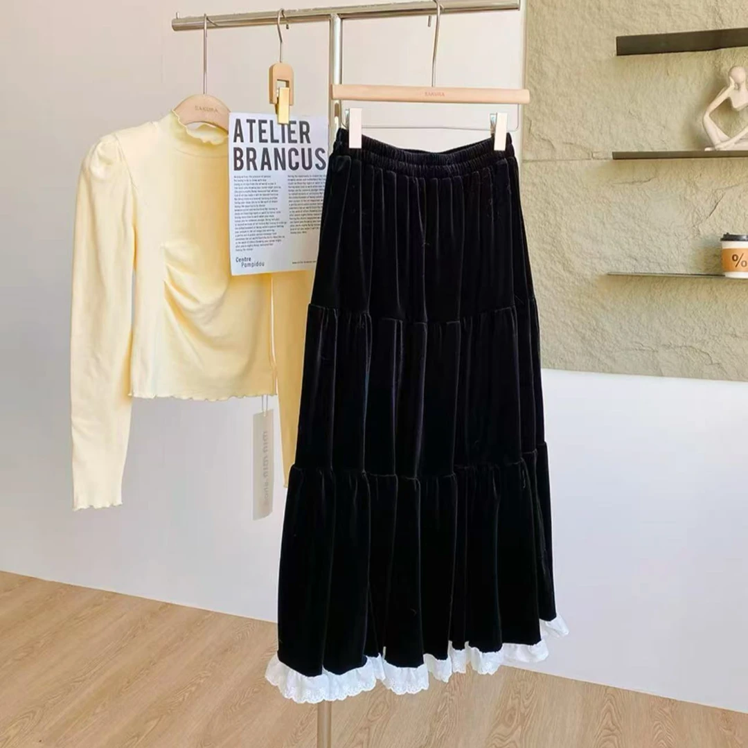 NICE圈圈、蕾丝边拼接金丝绒长半裙冬季半裙A9601